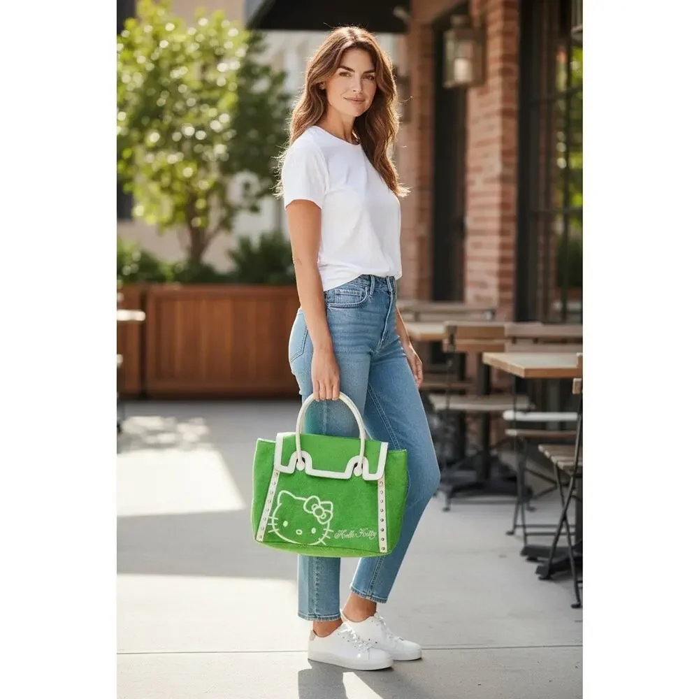 Sanrio Hello Kitty Green/White Tote Snap Closure Inner Pockets Studded Silver